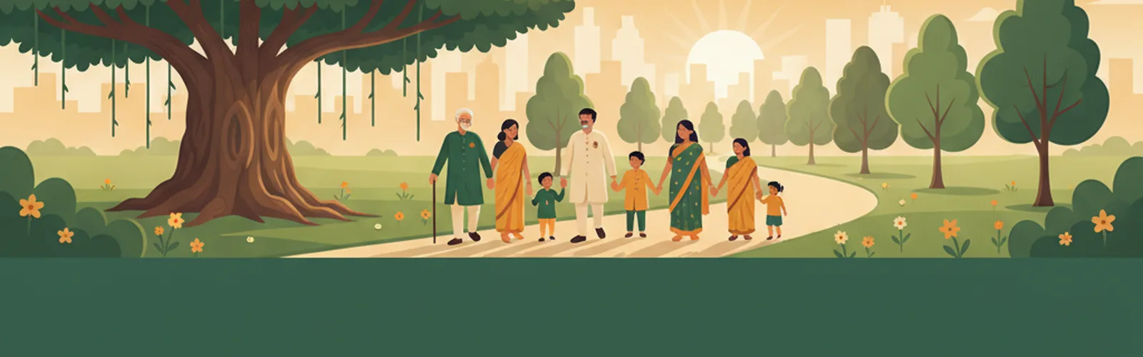 A multigenerational Desi family walks a tree-lined path together toward a sunlit Texas skyline, under a sheltering banyan tree.
