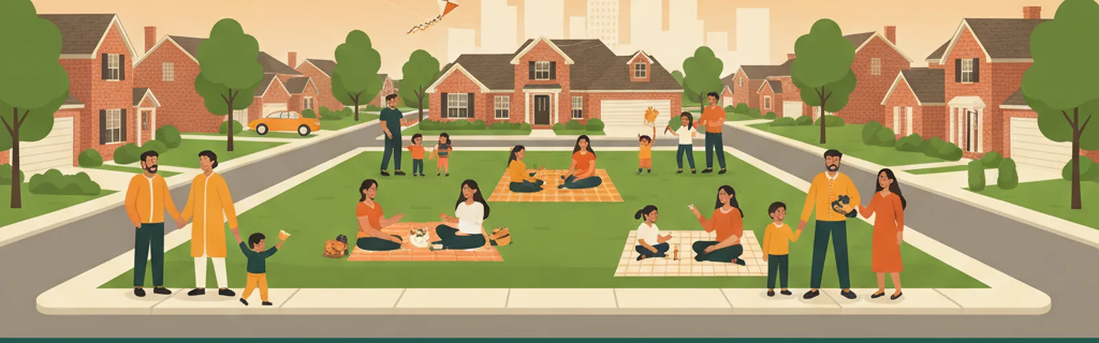 An established Plano neighborhood in late afternoon — brick homes, families picnicking in the park, kites overhead.